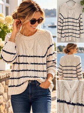 J.Jill Striped Cabled Pullover Sweater Ivory Navy MP VGUC